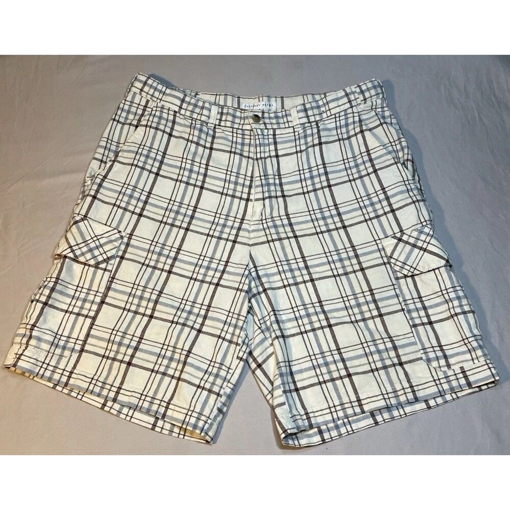 Geoffrey Beene Men's Blue & Tan Plaid Cargo Shorts 100% Cotton w/Elastic On Side